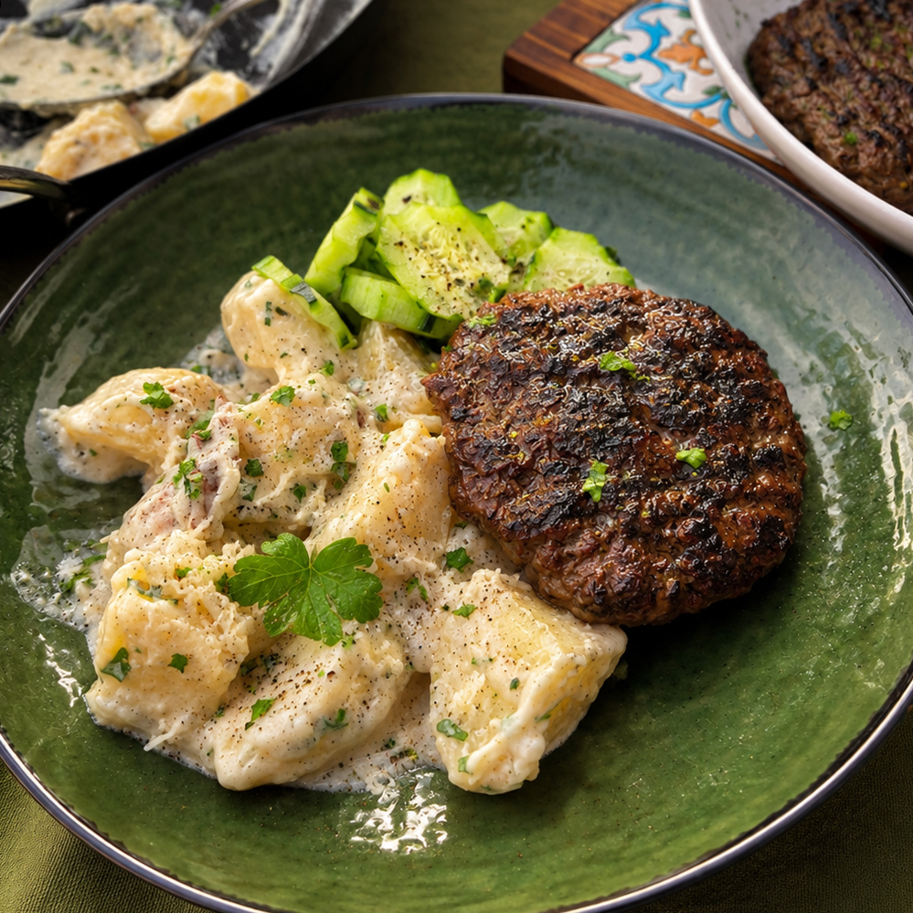 fox-creamy potatoe and roe deer patty
